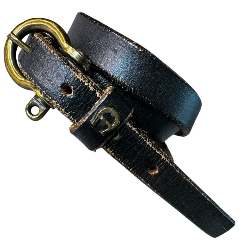 Etienne Aigner 1970s Black Leather Skinny Belt Brass Logo and Buckle sz 26